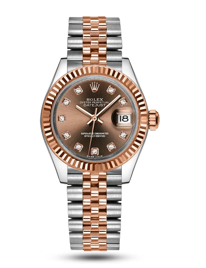 Rolex Lady-Datejust 28 — 18 kt Everose Gold · Chocolate Dial · Diamond Bezel | 1:1 Premium Clone + Full Box